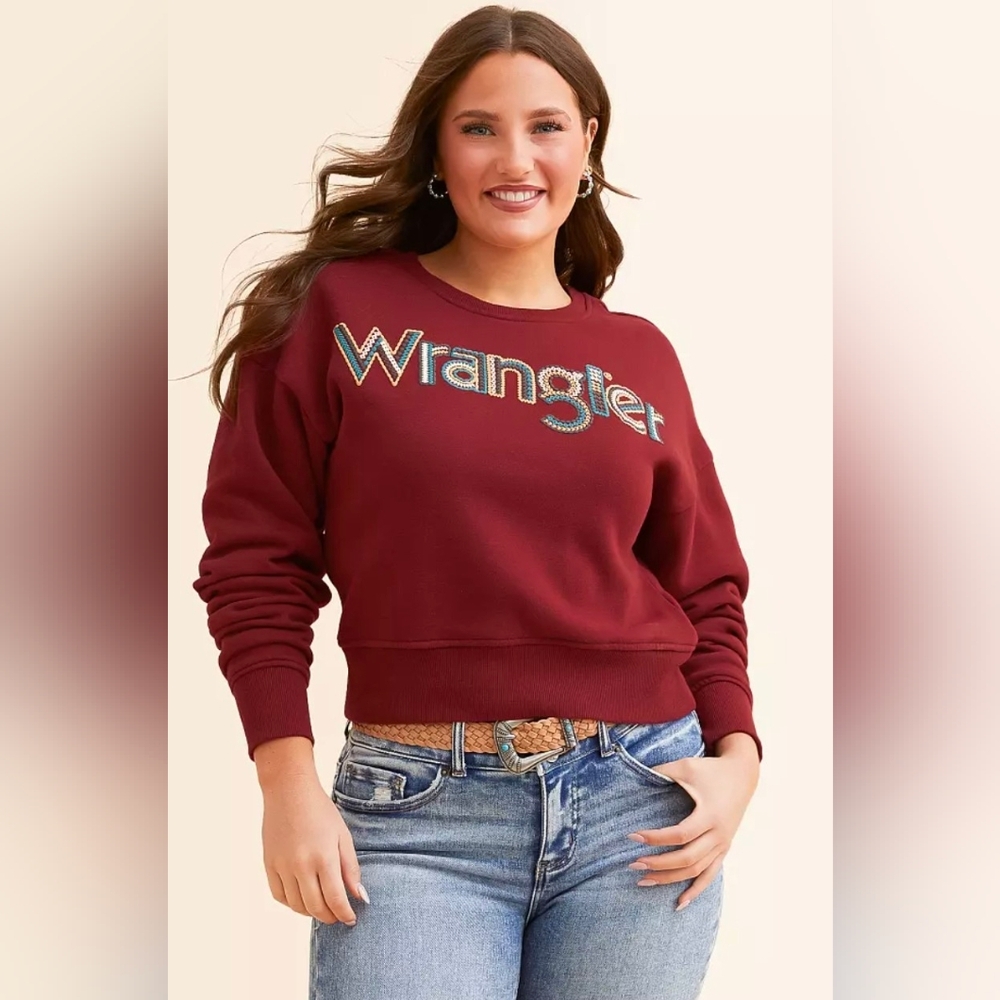 Wrangler Ladies Retro Americana Crochet Print Logo Red Pullover Sweatshirt sz S